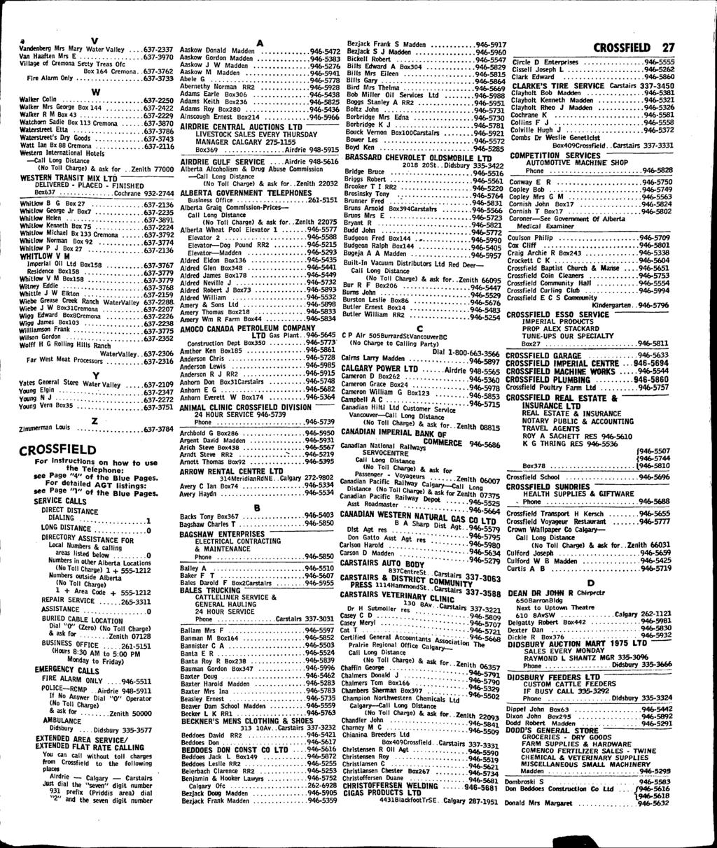 4 V Vandenberg Mrs Mary Water Valley 637-2337 Van Haaften Mrs E 637-3970 Village of Cremona Secty Treas Ofc Box 164 Cremona.