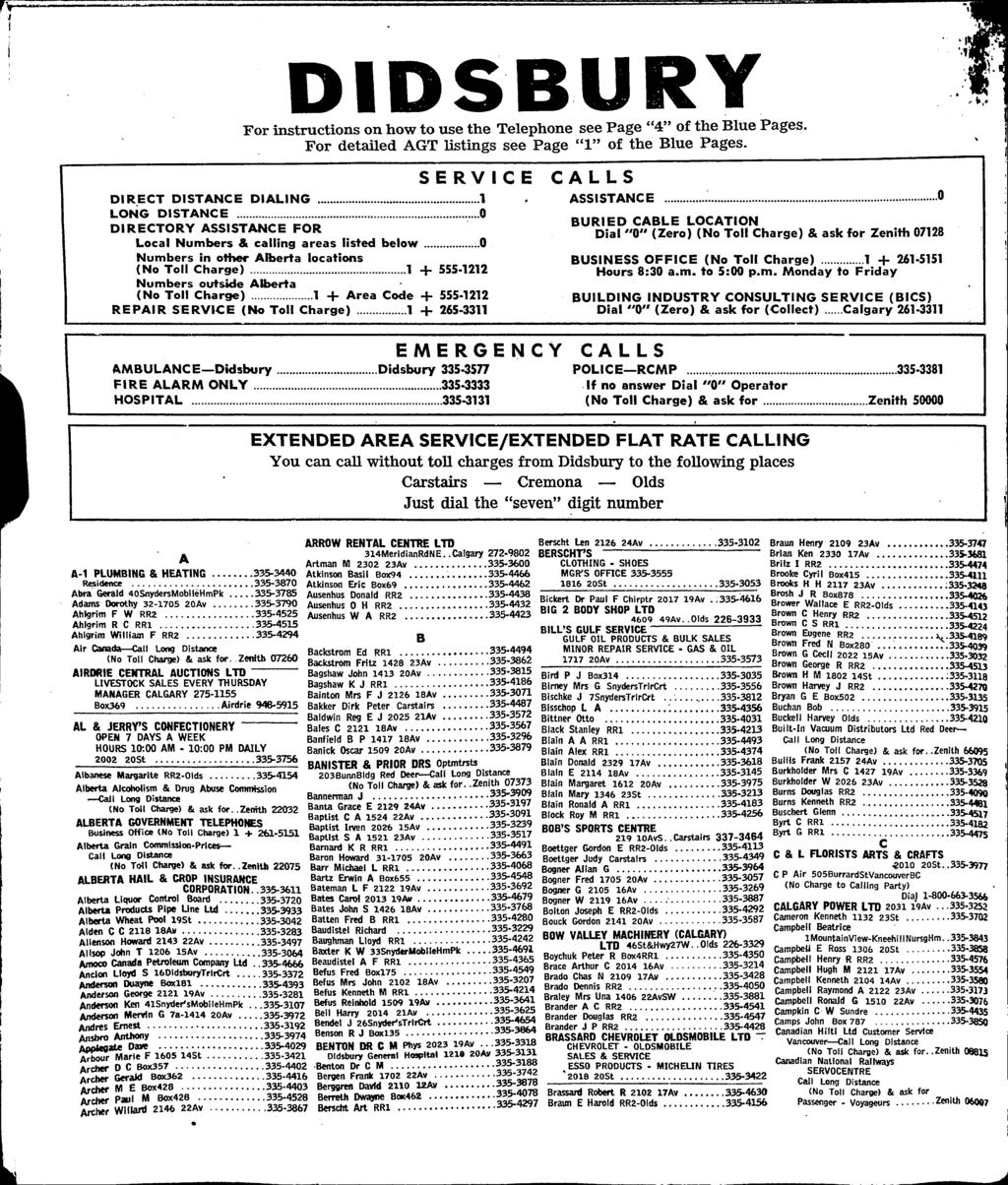 DIDSBURY For instructions on how to use the Telephone see Page ' 4 of the Blue Pages. For detailed AGT listings see Page "1" of the Blue Pages.