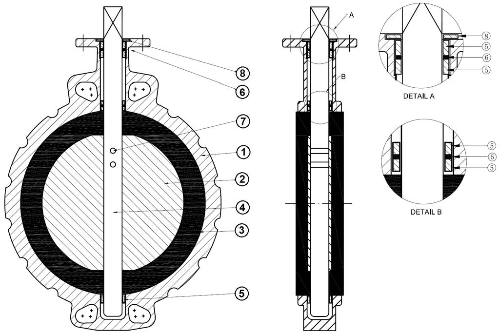 MATERIAŁ DN 350: Item Nazwa Materiał 1 Korpus Żeliwo EN GJL-250 2 Dysk ASTM A351 CF8M 3 Pierścień elastyczny EPDM 4