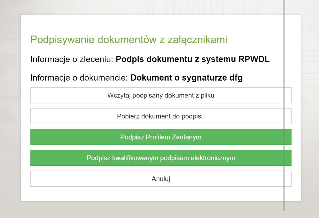 Na kolejnym etapie pojawią się powyższe opcje oraz dodatkowa: 9. Podpisz elektronicznie wybierz tę opcję aby złożyć podpis pod wnioskiem. Wyświetli się Twój wniosek.