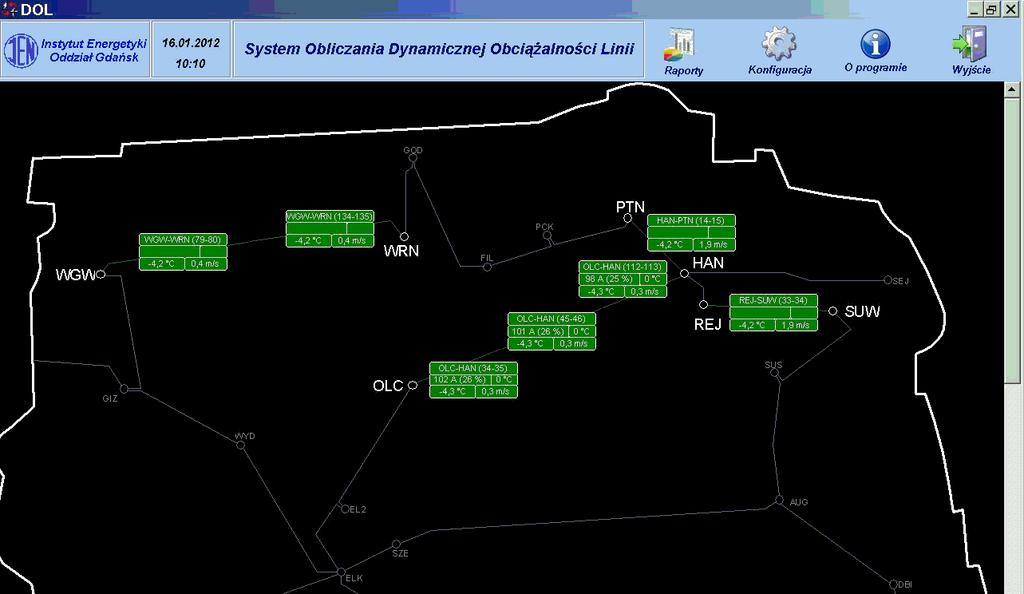 Rys. 4. Mapa synoptyczna sieci 110 kv z zaznaczonymi czujnikami pomiarowymi Wielkości prezentowane na wyświetlaczu są aktualizowane zgodnie z cyklem odczytu danych przez program akwizycji danych.