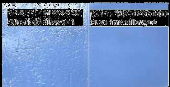 Rys. 4 Poddane zamoczeniu szkło a) bez właściwości superhydrofilowych, b) z właściwościami superhydrofilowmi BioClean [10] Właściwości superhydrofilowe pomagają także w usuwaniu zanieczyszczeń.