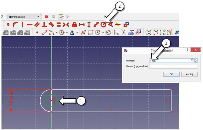 KROK 7. Promień okręgu należy ustawić na 4mm. W tym celu, (1) zaznacz okrąg, oraz (2) użyj narzędzia Ustalenie promienia okręgu lub łuku. (3) Określ promień na 4 mm.