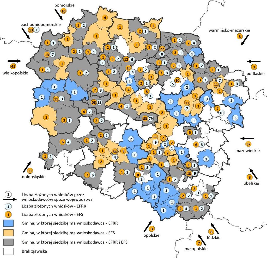 Liczba i rozkład terytorialny złożonych wniosków w RPO WK-P 2014-2020 (EFRR+EFS) 2016 EFRR i EFS 93 nabory 931 wniosków (w tym 138 spoza
