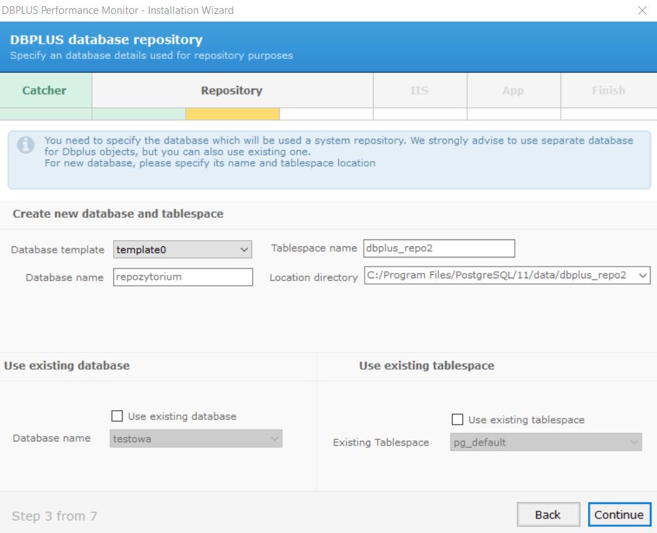 Do wyboru są dwie możliwości: Create new database and tablespace - dodanie nowej bazy do instancji, Use existing database - wykorzystanie istniejącej bazy Istnieje również możliwość utworzenia nowego