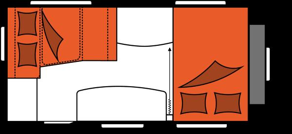 obiegowy przedsionka Liczba miejsc do spania (dorośli / dzieci) 4 Miejsce do leżenia, łóżko z materacem 140x200 cm (długość x szerokość) Miejsce do leżenia, przebudowa łóżek w siedzisko