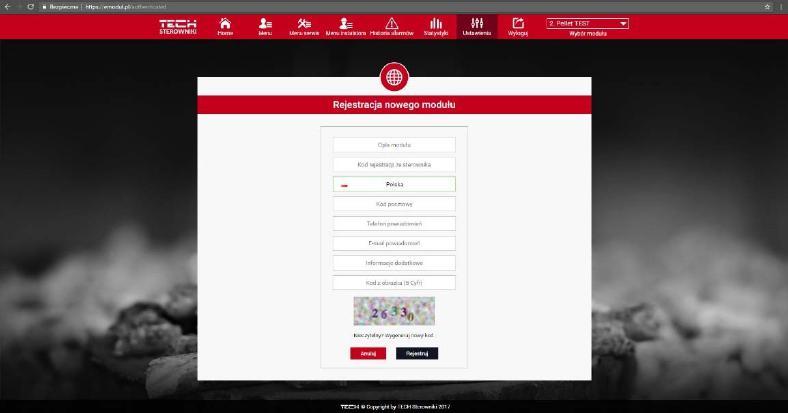 Następnie wybieramy: Rejestracja. Wygenerowany zostanie kod rejestracji. Po zalogowaniu się na stronie emodul.pl, w zakładce Ustawienia, wprowadzamy kod który wyświetlił się na sterowniku.