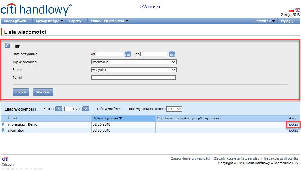 Wiadomość typu Informacja zawiera informację o dacie wysłania oraz załącznik do pobrania (opcjonalnie dla tego typu wiadomości). Przycisk Wróć powoduje powrót do widoku listy wiadomości.