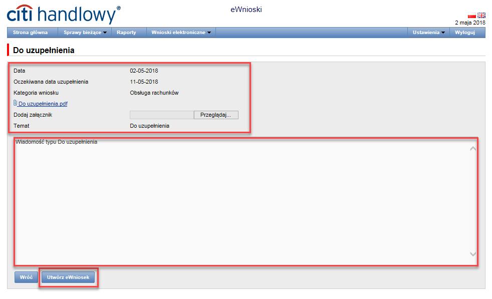 Wiadomość typu Do uzupełnienia zawiera informację o dacie wysłania, oczekiwanej dacie uzupełnienia, informację, jakiego produktu dotyczy wiadomość, załącznik do pobrania oraz miejsce na dodanie