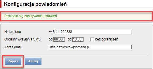 W części Powiadomienia Użytkownik może wybrać, które powiadomienia chce otrzymywać (dostępne są tylko powiadomienia związane ze świadczoną usługą).