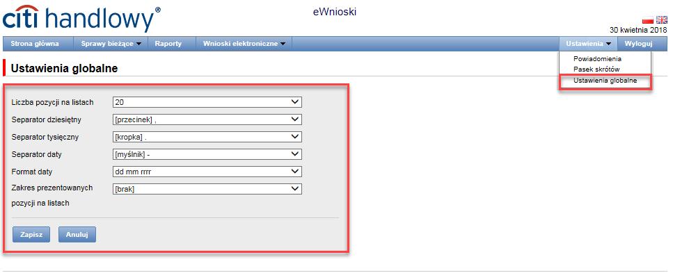 W zakładce Ustawienia > Ustawienia globalne możliwe jest ustawienie formatowania dat oraz liczb wyświetlanych