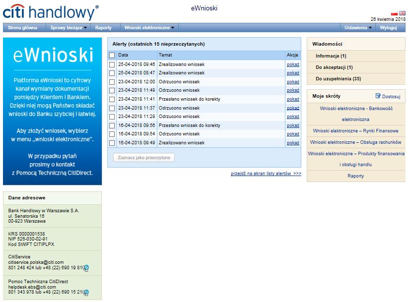 1. Wprowadzenie ewnioski to elektroniczna platforma wymiany dokumentacji, która dla Użytkowników firmowych Citi Handlowy jest dostępna przez portal CitiDirect BE.