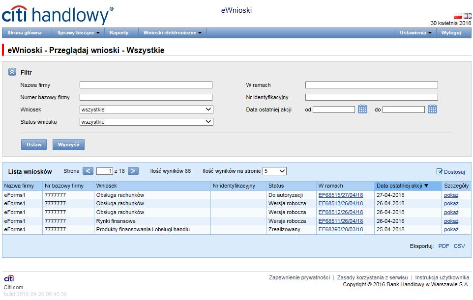 Formatka Przeglądaj, dostępna z menu Wnioski elektroniczne, składa się z pięciu folderów, do których trafiają wnioski o określonych statusach: Tworzone wnioski w statusach: Wersja robocza, Korygowany