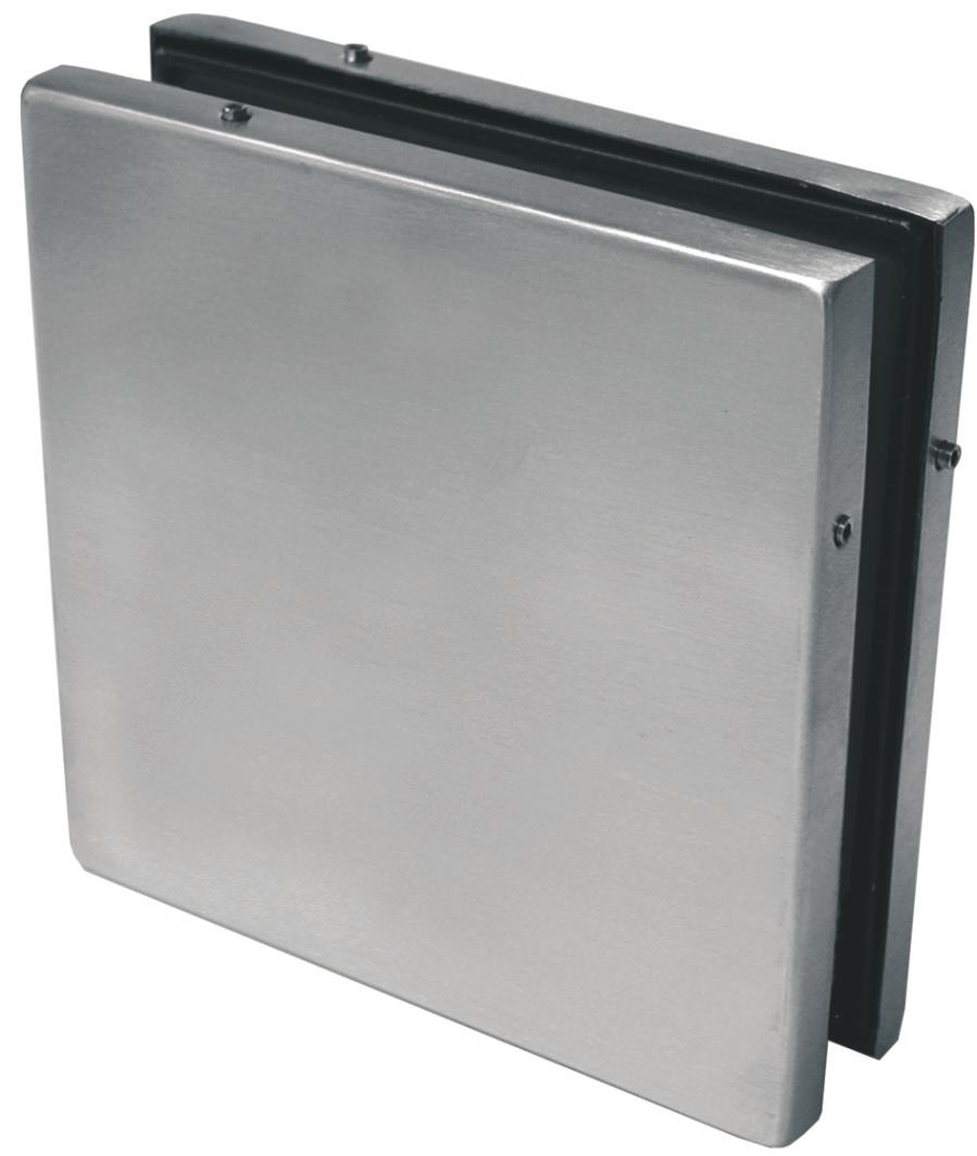 PT 80 ŁĄCZNIK CZTERECH SZYB TOP PATCH FOR CONNECTING 4 PANELS OF GLASS Materiał Stal nierdzewna (osłony) Stal nierdzewna polerowana PSS Grubość szkła 10-12 mm Otwory w szkle 4 Ø20 mm Material