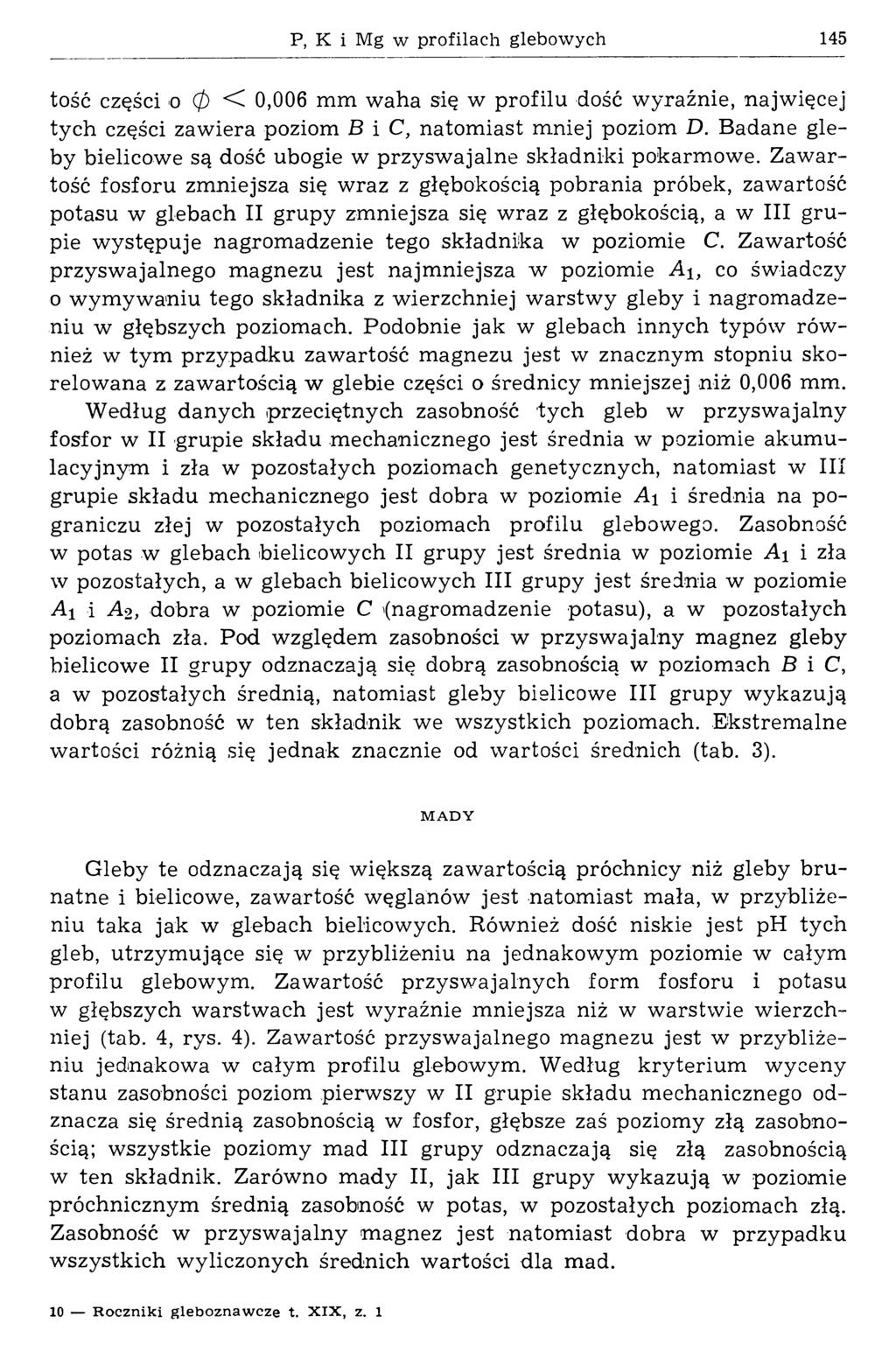 P, К i Mg w profilach glebow ych 145 tość części o 0 < 0,006 mm w aha się w profilu dość wyraźnie, najw ięcej tych części zawiera poziom В i C, natom iast mniej poziom D.