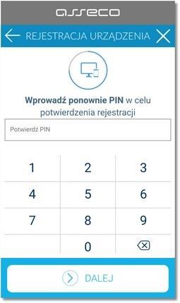 W kolejnym kroku należy wprowadzić kod PIN, który będzie służył do logowania w aplikacji mtoken Asseco MAA