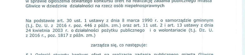 ZARZĄDZENIE NR PREZYDENTA MIASTA GLIWICE 20 Lumma,,20 W' Z nnoonoalocuucnu I I n I I I I n I I a n n I n I u n u u w sprawe ogłoszena otwartego konkursu ofert na realzację zadana publcznego masta