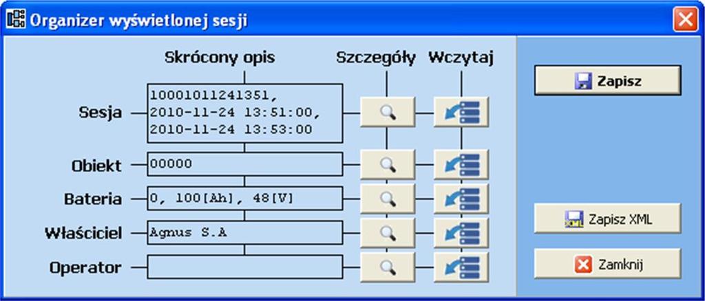 5. PRZEGLĄDANIE / UZUPEŁNIANIE INFORMACJI O SESJI Informacje przewidziane do wprowadzenia do bazy danych pogrupowano w 5 kategorii i umieszczono w oknie Organizera wyświetlonej sesji (Rys.