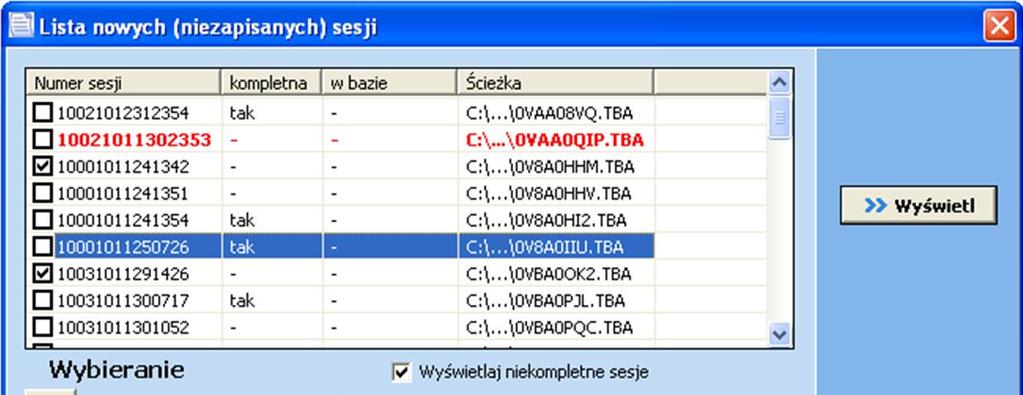 Po wczytaniu danych z pamięci urządzenia TBA poprzez TCP/IP bądź załadowaniu plików ukazuje się okienko zatytułowane Lista nowych (niezapisanych) sesji (Rys. 10).