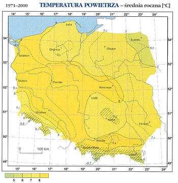 Rys. Temperatura powietrza - średnia roczna ( C) 1971-2000 Źródło: Atlas klimatu Polski pod redakcją Haliny Lorenc, Instytut Meteorologii i Gospodarki Wodnej, Warszawa 2005 Izotermy najchłodniejszego