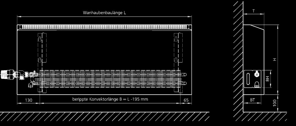 Wymiary PowerKon + W Wymiary PowerKon + W Długość obudowy ściennej Długość ożebrowanej części konwektora PowerKon + W Głębokość obudowy ściennej T mm 70 0 70 0 Wysokość / głębokość konwektora BH x BT