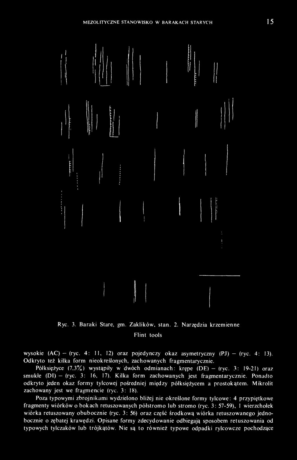 Kilka form zachowanych jest fragmentarycznie. Ponadto odkryto jeden okaz formy tylcowej pośredniej między półksiężycem a prostokątem. Mikrolit zachowany jest we fragmencie (ryc. 3: 18).