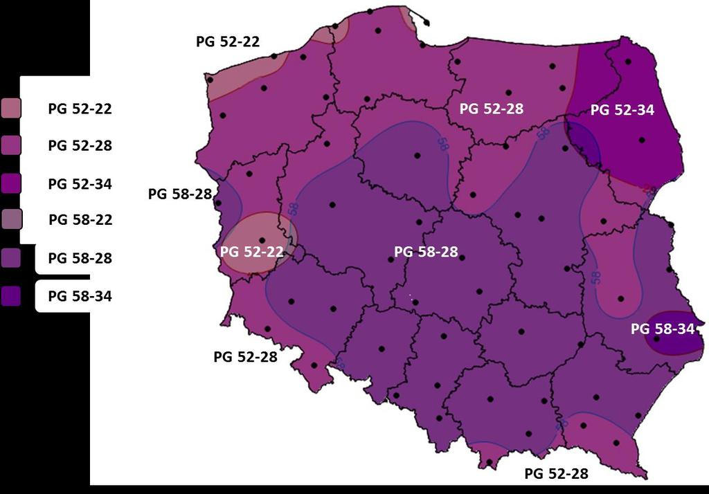 Wymagania klimatyczne Polski 20 Zakres PG dla warstwy ścieralnej nawierzchni Wymagane PG P=98% Warstwa