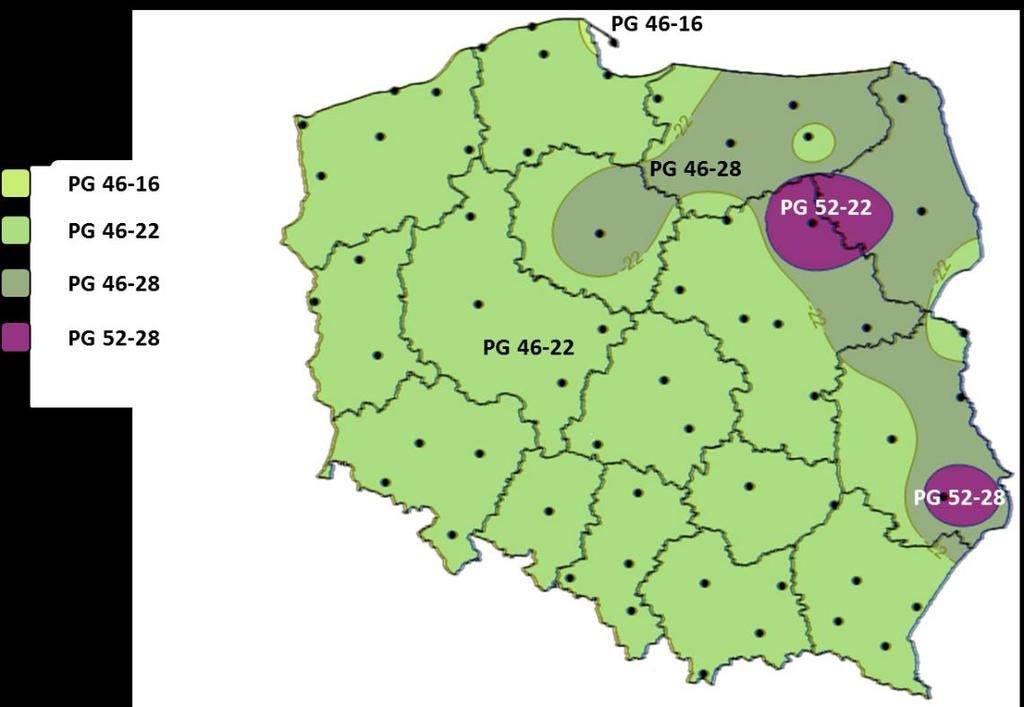 Wymagania klimatyczne Polski 22 Zakres PG dla warstwy podbudowy nawierzchni Wymagane PG P=98% Warstwa podbudowy PG 52-28 PG 46-28 - - PG 46-22