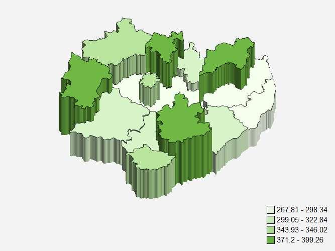 Rycina 20. Rozkład geograficzny zgonów mężczyzn na nowotwory złośliwe ogółem w powiatach województwa świętokrzyskiego w 2016 roku. Współczynniki surowe Figure 20.