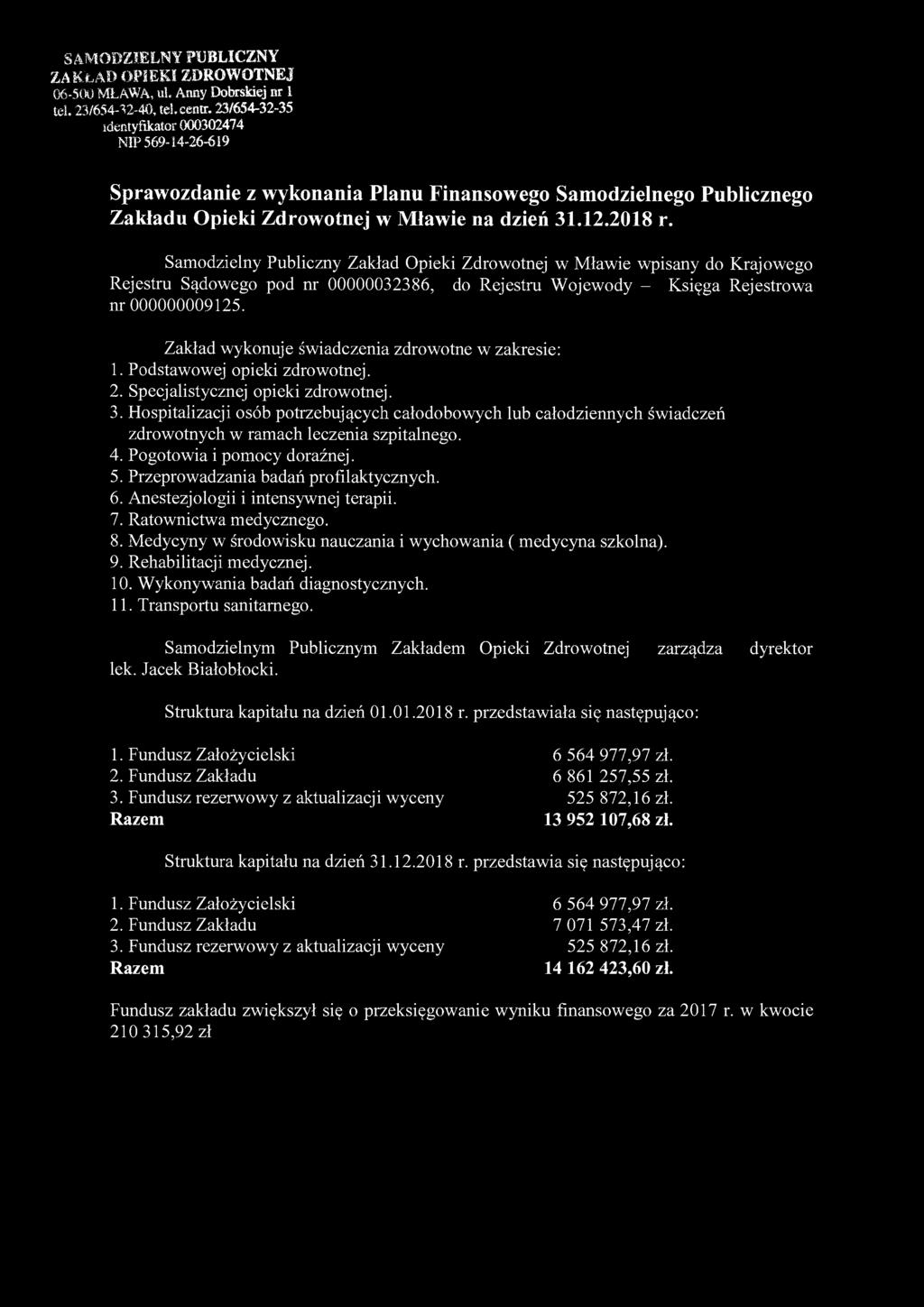 Samodzielny Publiczny Zakład Opieki Zdrowotnej w Mławie wpisany do Krajowego Rejestru Sądowego pod nr 00000032386, do Rejestru Wojewody - Księga Rejestrowa nr 000000009125.