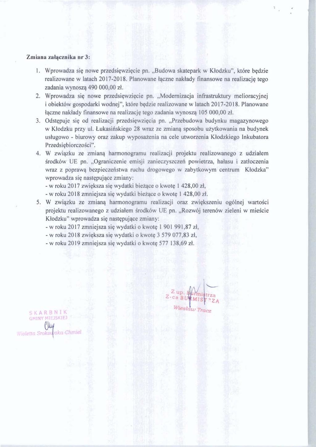 Zmiana zalqcznika or 3:,,$q,:. I. Wprowadza siq nawe prppqgiqwziplxr p,,,budowa &atepack w Kt-", ktbre br;dzie realizowme w 1-h 2017-2018.