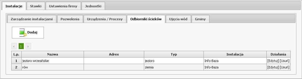 d) Odbiorniki ścieków Zakładka ta umożliwia dodanie/edycję/usunięcie istniejących odbiorników ścieków uwzględnianych w ewidencji.