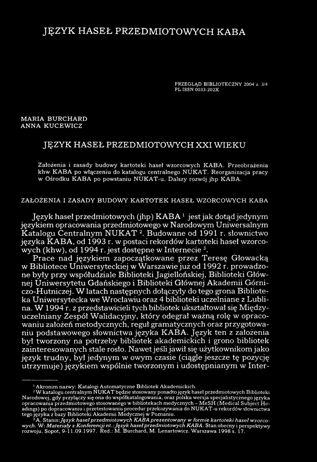 JĘZYK HASEŁ PRZEDMIOTOWYCH KABA PRZEGLĄD BIBLIOTECZNY 2004 z.