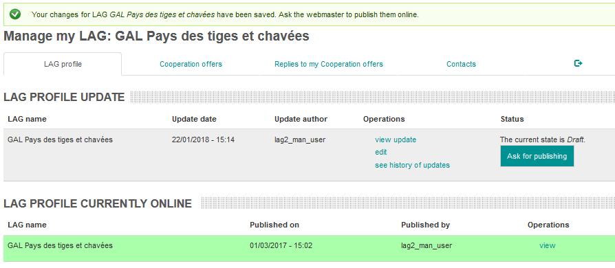 6. Kliknięcie przycisku Save spowoduje przekierowanie do poniższej strony umożliwiającej: wyświetlenie wprowadzonych zmian za pomocą przycisku view update (zobacz aktualizację); wprowadzenie