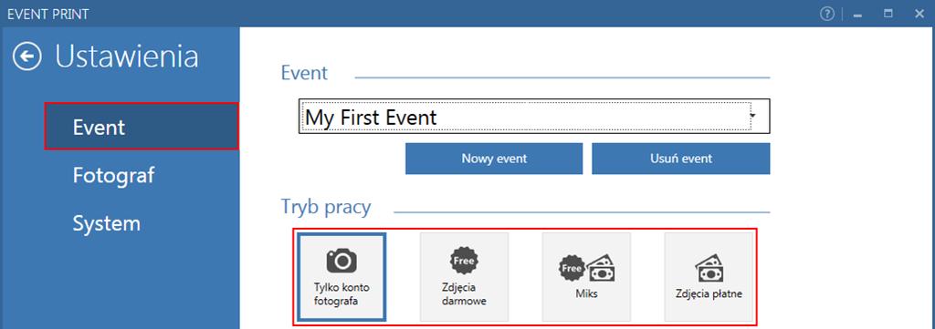 W następnej kolejności dokonaj szczegółowej konfiguracji eventu, rozpoczynając od wyboru trybu pracy spośród czterech możliwych: Tylko konto fotografa oprogramowanie działa tylko i wyłącznie w trybie