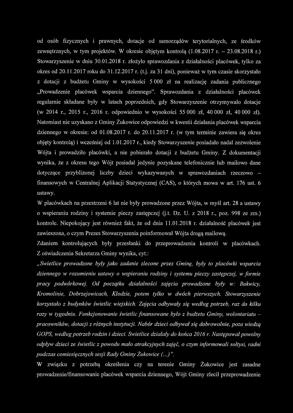 za 31 dni), ponieważ w tym czasie skorzystało z dotacji z budżetu Gminy w wysokości 5 000 zł na realizację zadania publicznego Prowadzenie placówek wsparcia dziennego.