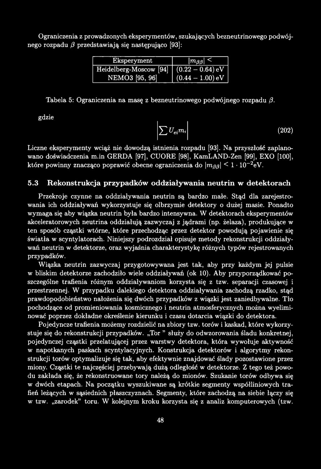 Ograniczenia z prowadzonych eksperymentów, szukających bezneutrinowego podwójnego rozpadu f3 przedstawiają się następująco [93]: Eksperyment \ m \ < Heidelberg-Moscow [94] NEM 03 [95, 96] (0.22-0.
