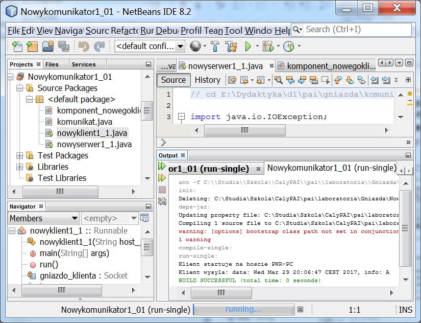 6. Uruchomienie: - 1 program serwera za pomocą Run File (w oknie Projects należy kliknąć prawym