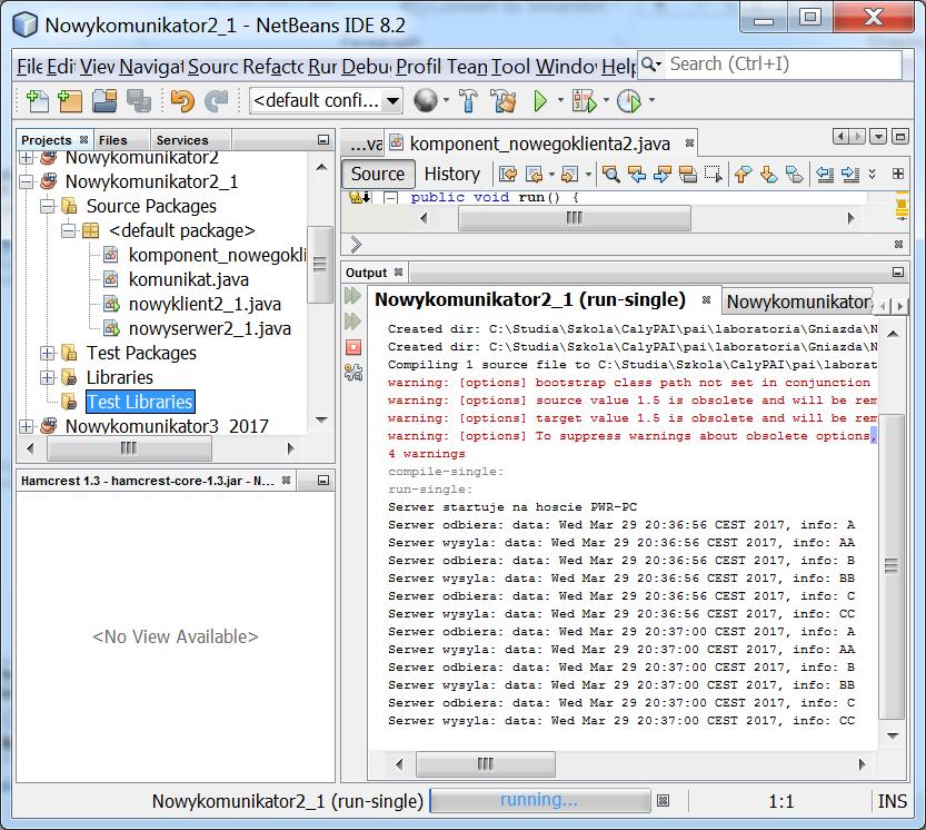 5. Uruchomienie: - 1 program serwera za pomocą Run File (w oknie Projects