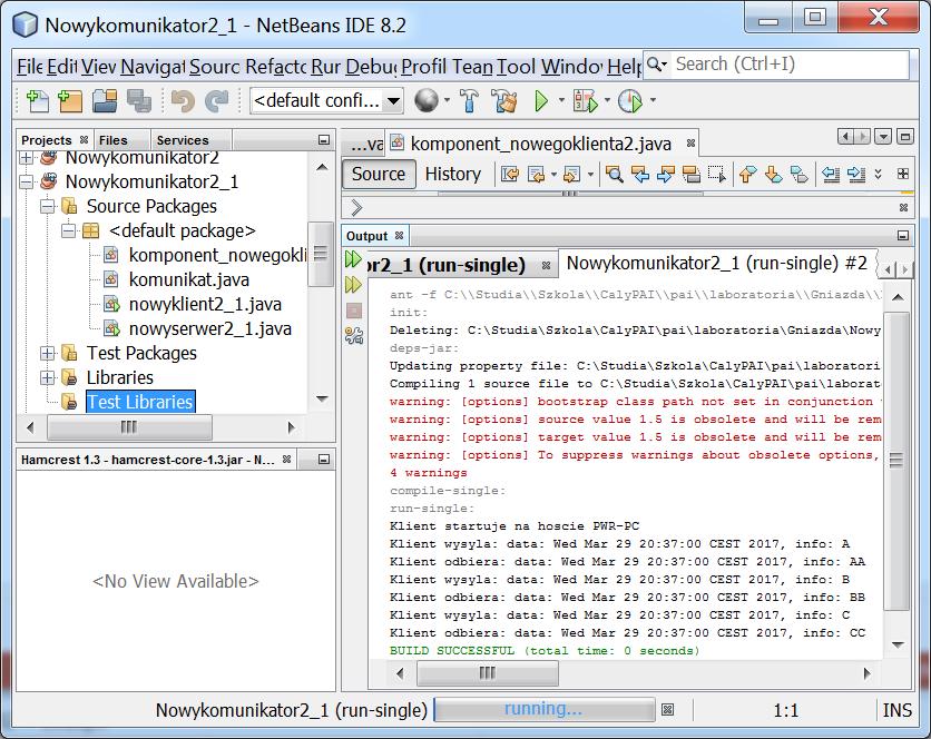 - 2 programy klienta za pomocą Run File (powtórzyć dwa razy:w oknie Projects należy kliknąć prawym klawiszem