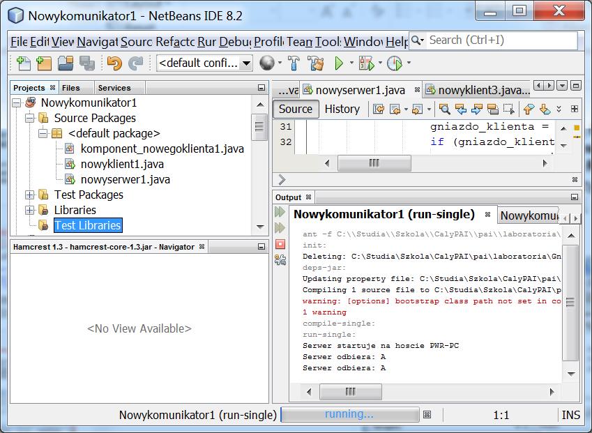 5. Uruchomienie: - 1 program serwera za pomocą Run File (w oknie Projects należy kliknąć prawym klawiszem myszy na pozycję nowyserwer1 i wybrać opcję Run File) - 2 programy klienta za pomocą