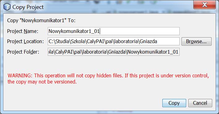 Wykonaj kopię programu Nowykomunikator1 jako Nowykomunikator1_01 - w oknie Projects należy kliknąć