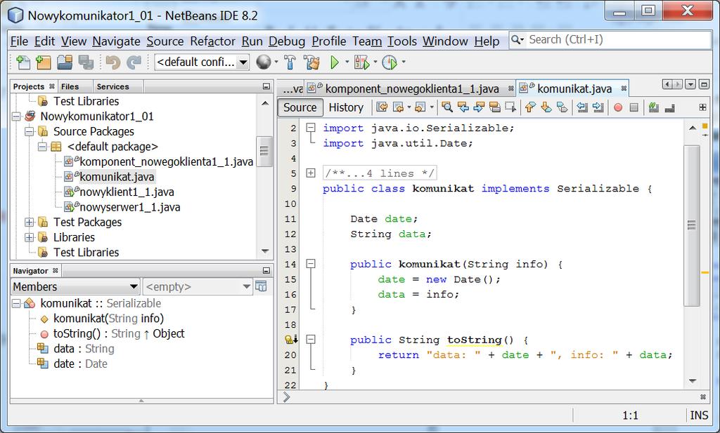 W okienku edytora pliku komunikat.java należy dodać podany poniżej kod.