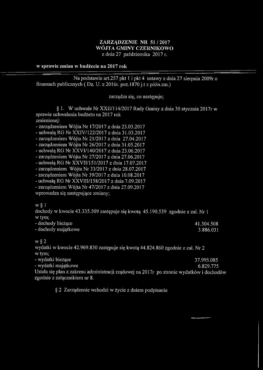 W uchwale Nr XXII/114/2017 Rady Gminy z dnia 30 stycznia 2017r w sprawie uchwalenia budżetu na 2017 rok zmienionej: - zarządzeniem Wójta Nr 17/2017 z dnia 23.03.