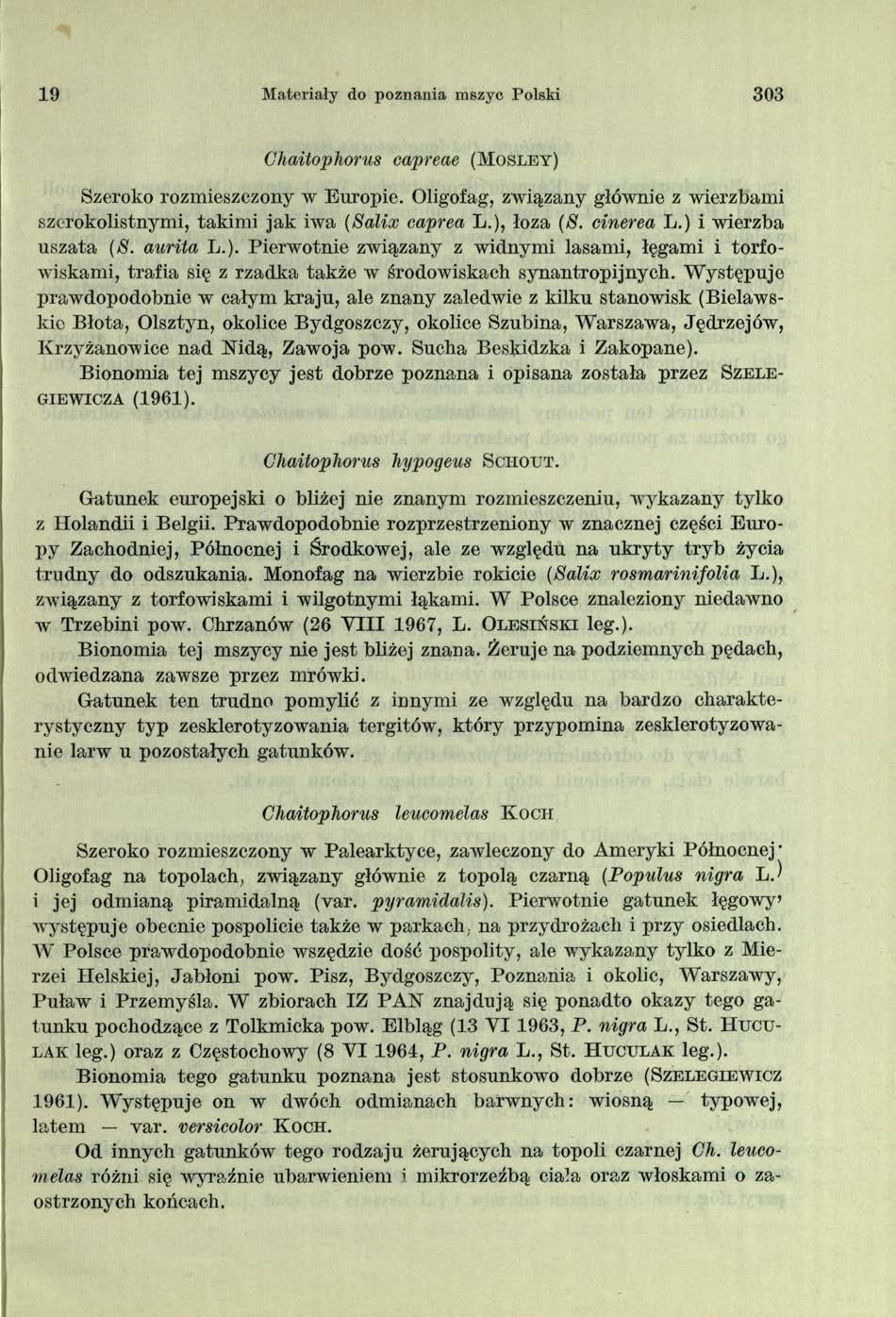 I 19 Materiały do poznania mszyc Polski 303 Chaitophorus capreae (Mosley) Szeroko rozmieszczony w Europie. Oligofag, związany głównie z wierzbami szerokolistnymi, takimi jak iwa (Salix caprea L.