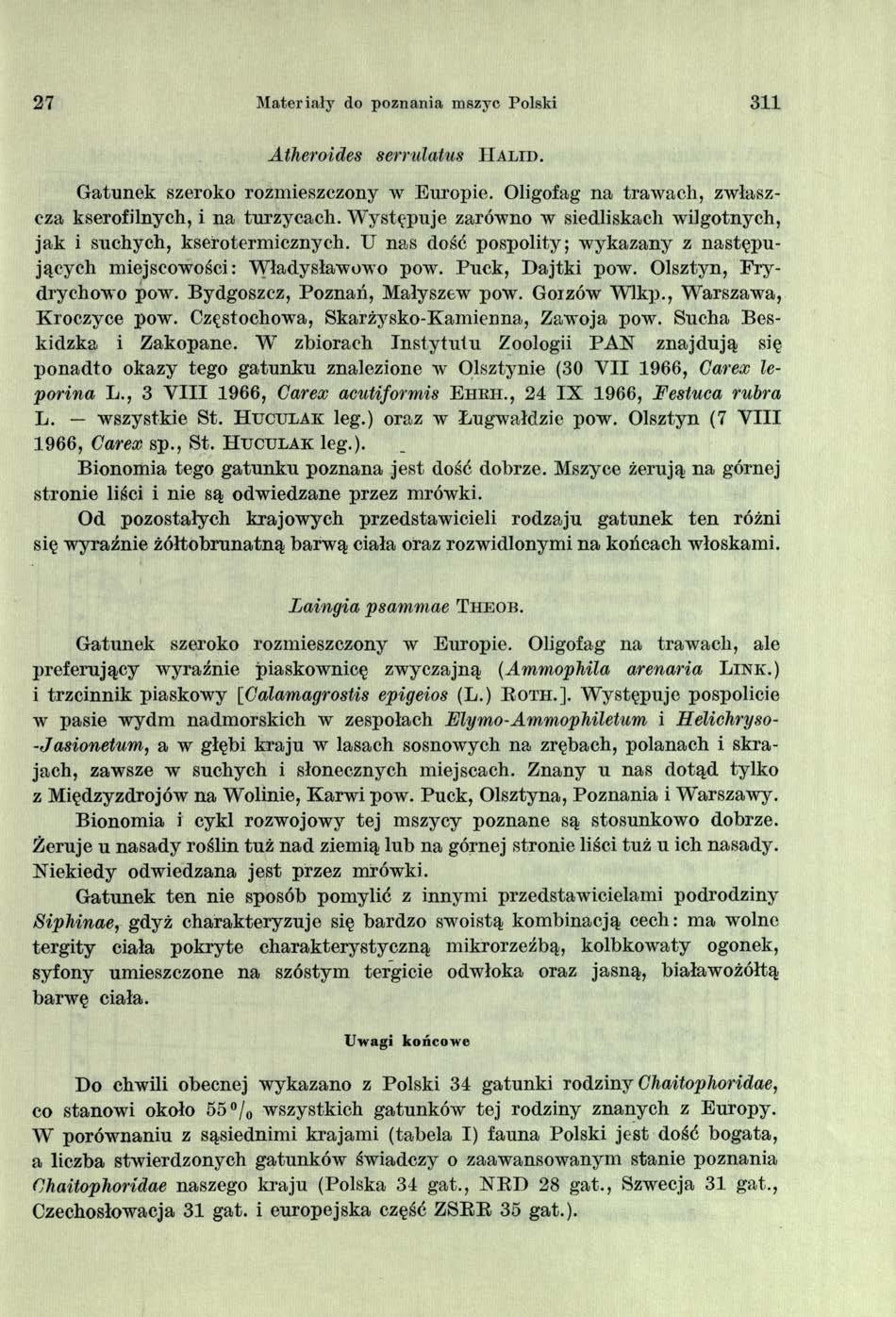 27 Materiały do poznania mszyc Polski 311 Atheroides serrulatus H alid. G atunek szeroko rozmieszczony w Europie. Oligofag na traw ach, zwłaszcza kserofilnych, i na turzycach.
