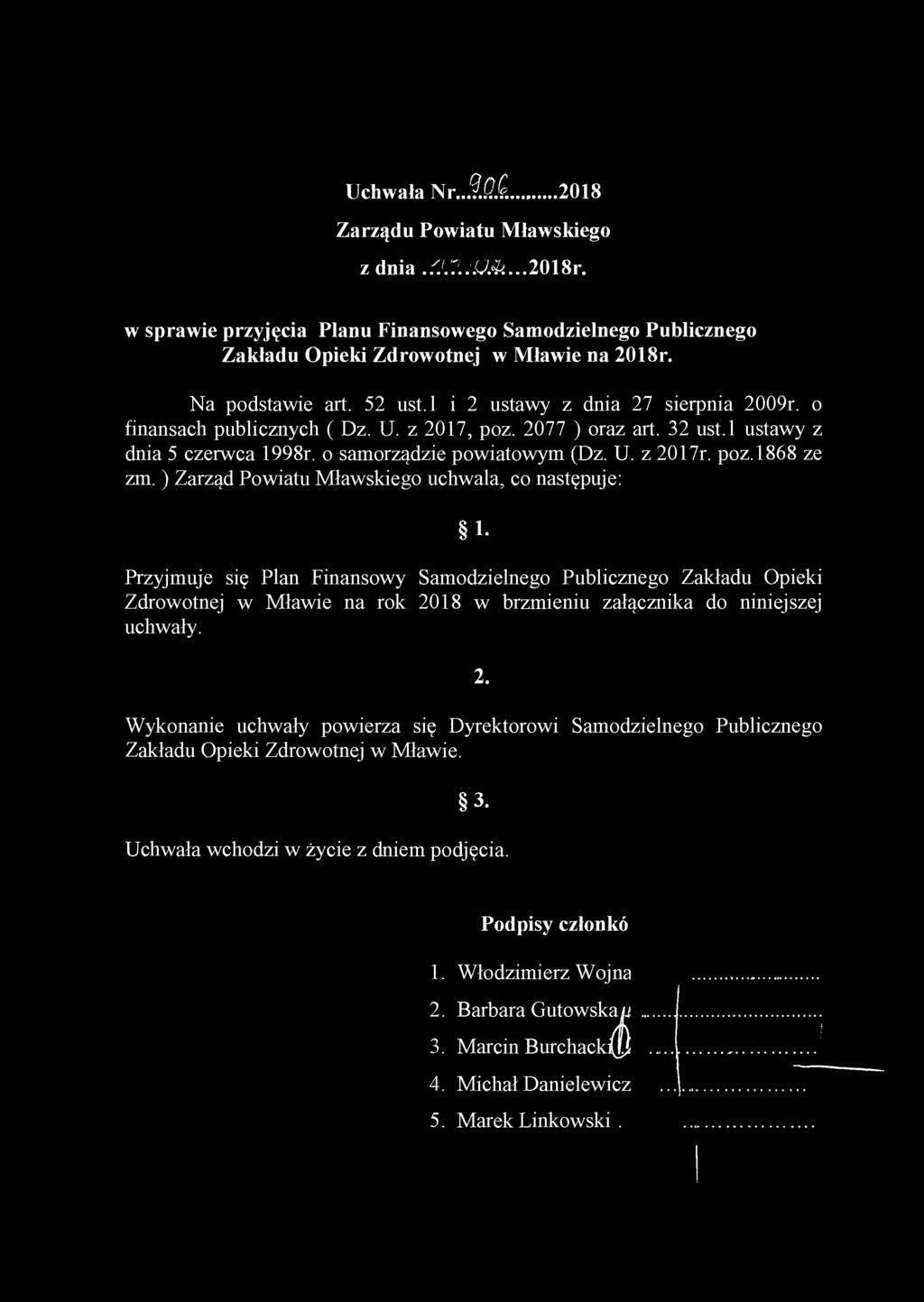 ) Zarząd Powiatu Mławskiego uchwala, co następuje: 1- Przyjmuje się Plan Finansowy Samodzielnego Publicznego Zakładu Opieki Zdrowotnej w Mławie na rok 2018 w brzmieniu załącznika do niniejszej