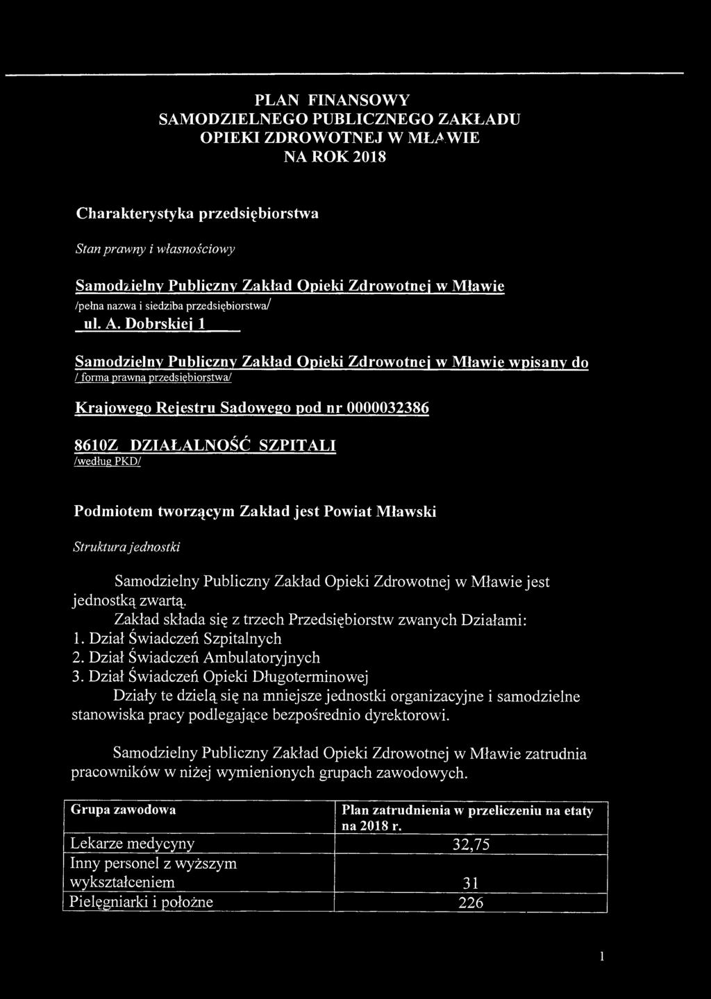 PLAN FINANSOWY SAMODZIELNEGO PUBLICZNEGO ZAKŁADU OPIEKI ZDROWOTNEJ W MŁA WIE NA ROK 2018 Charakterystyka przedsiębiorstwa Stan prawny i własnościowy Samodzielny Publiczny Zakład Opieki Zdrowotnej w