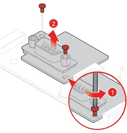 Rysunek 60. Demontaż modułu złącza szeregowego Rysunek 61. Instalowanie modułu złącza szeregowego 6. Zainstaluj z powrotem usunięte części.