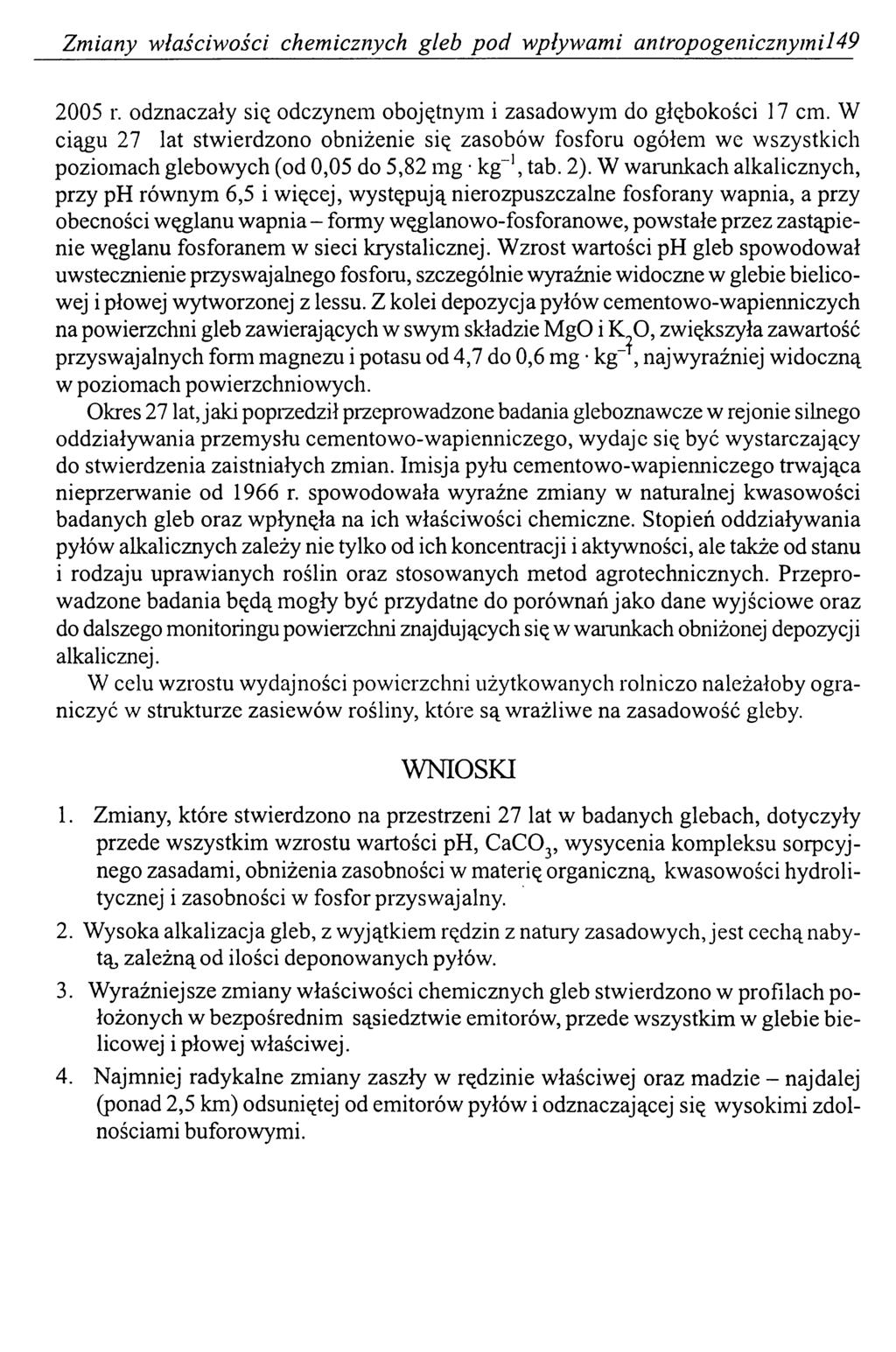 Zmiany właściwości chemicznych gleb p o d wpływami antropogenicznymi 149 2005 r. odznaczały się odczynem obojętnym i zasadowym do głębokości 17 cm.
